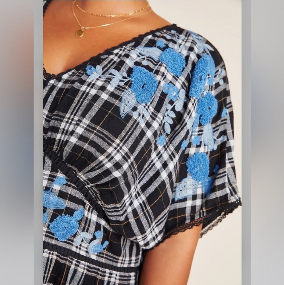 Anthropologie Black And White Plaid Dress With Blue Embroidery - Picture 3 of 11